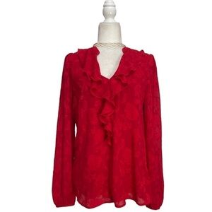 Tamara H Embossed Floral V neck Ruffle Blouse NWT